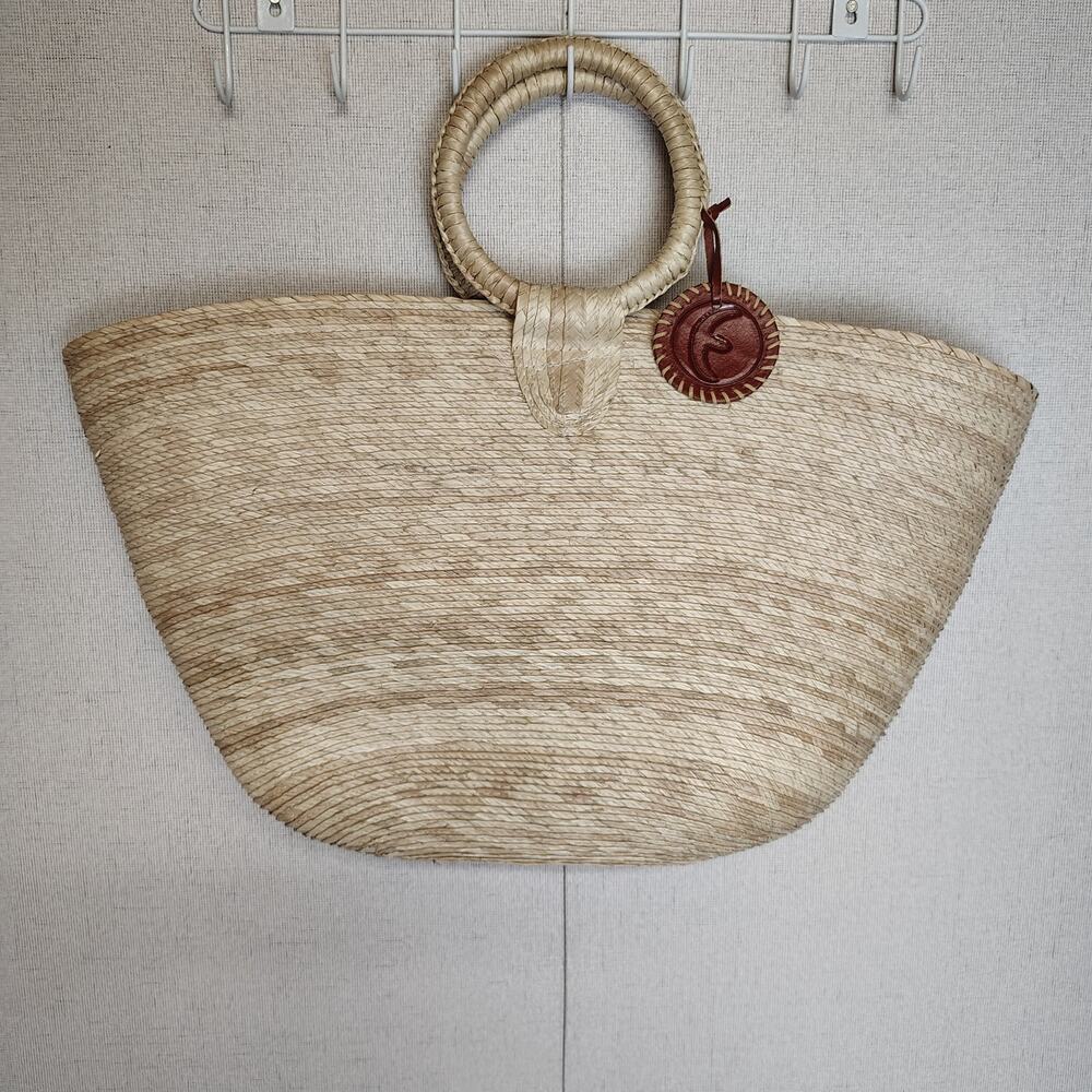 Woven Straw Palm Tote Bag Large Round Handle Beach Resort Boho Handbag